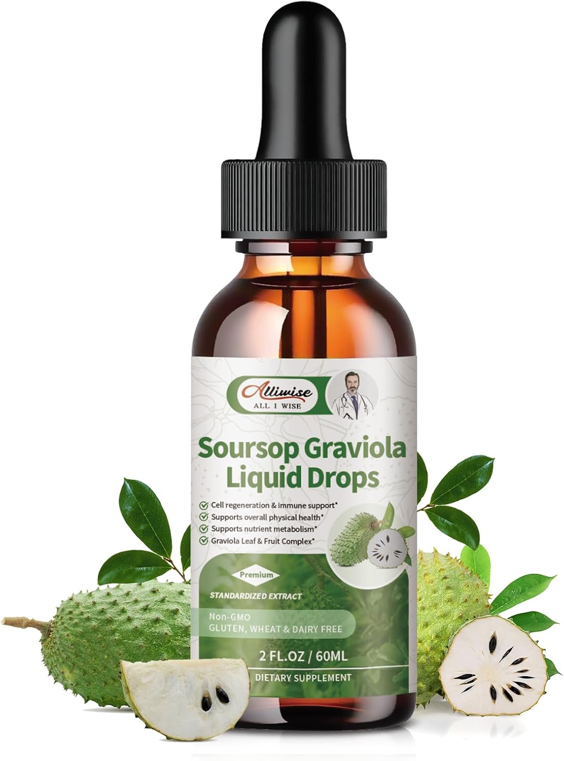 Alliwise Soursop Graviola Leaf Extract Liquid Drops for Cell Regeneration & Immune Support - Vegan Formula with High Absorption - 2Fl oz