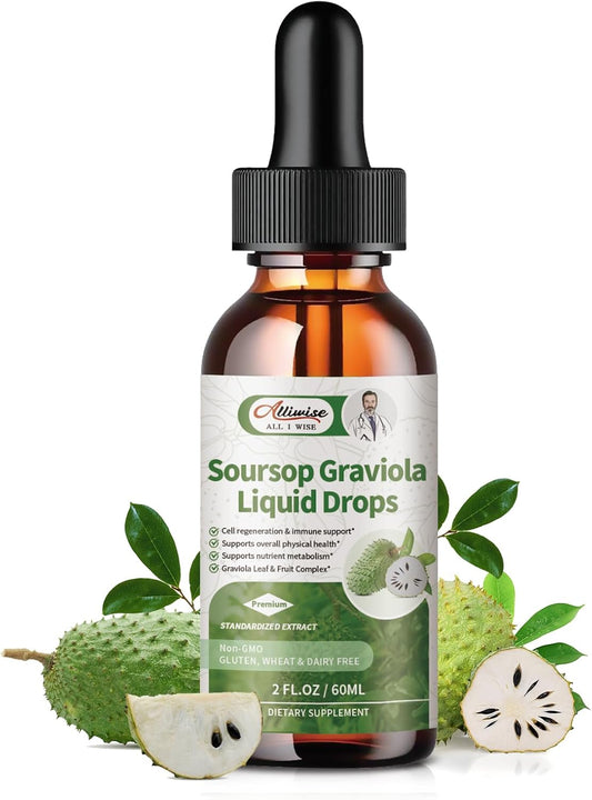 Alliwise Soursop Graviola Leaf Extract Liquid Drops for Cell Regeneration & Immune Support - Vegan Formula with High Absorption - 2Fl oz