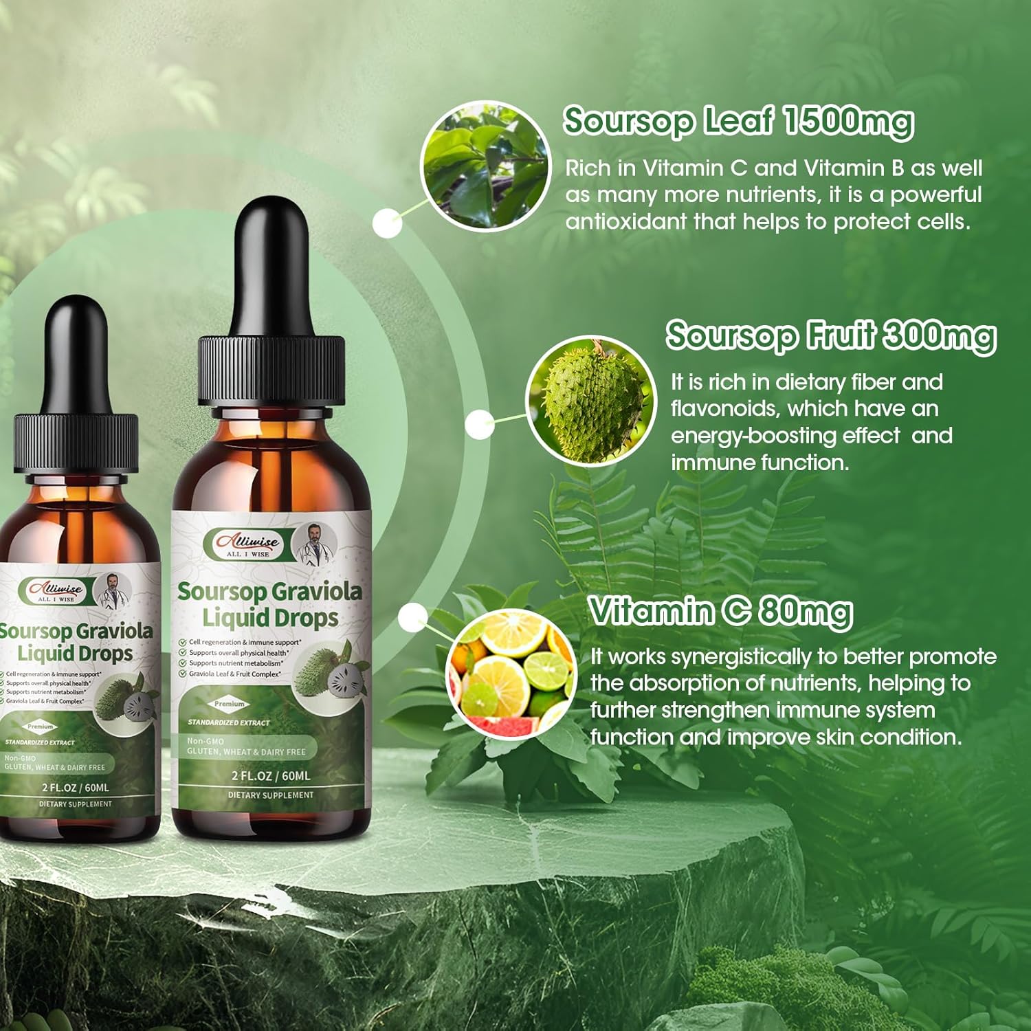 Alliwise Soursop Graviola Leaf Extract Liquid Drops for Cell Regeneration & Immune Support - Vegan Formula with High Absorption - 2Fl oz