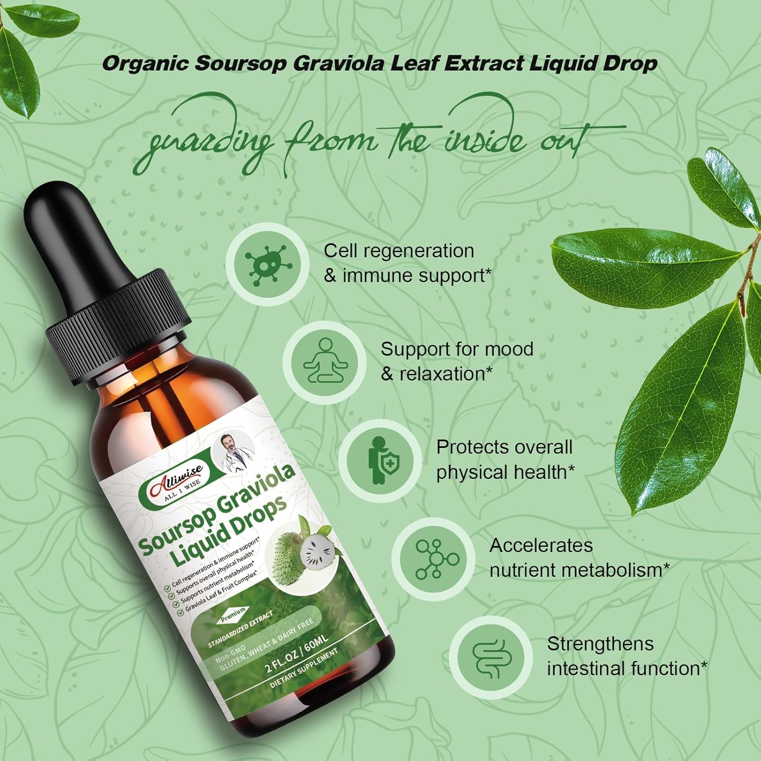 Alliwise Soursop Graviola Leaf Extract Liquid Drops for Cell Regeneration & Immune Support - Vegan Formula with High Absorption - 2Fl oz