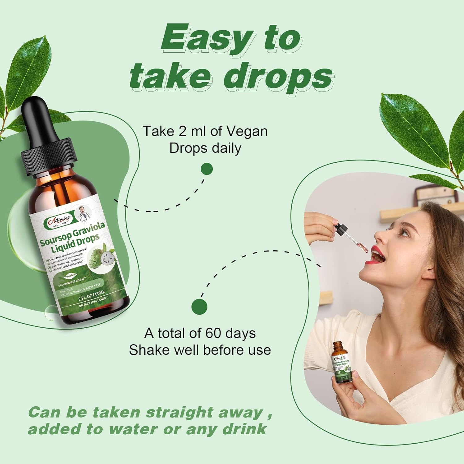 Alliwise Soursop Graviola Leaf Extract Liquid Drops for Cell Regeneration & Immune Support - Vegan Formula with High Absorption - 2Fl oz