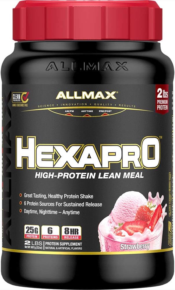 ALLMAX HEXAPRO Strawberry Protein Powder - 2 lb Tub - 25g Protein Per Serving - Sustained Release Formula - Sugar-Free - 21 Servings