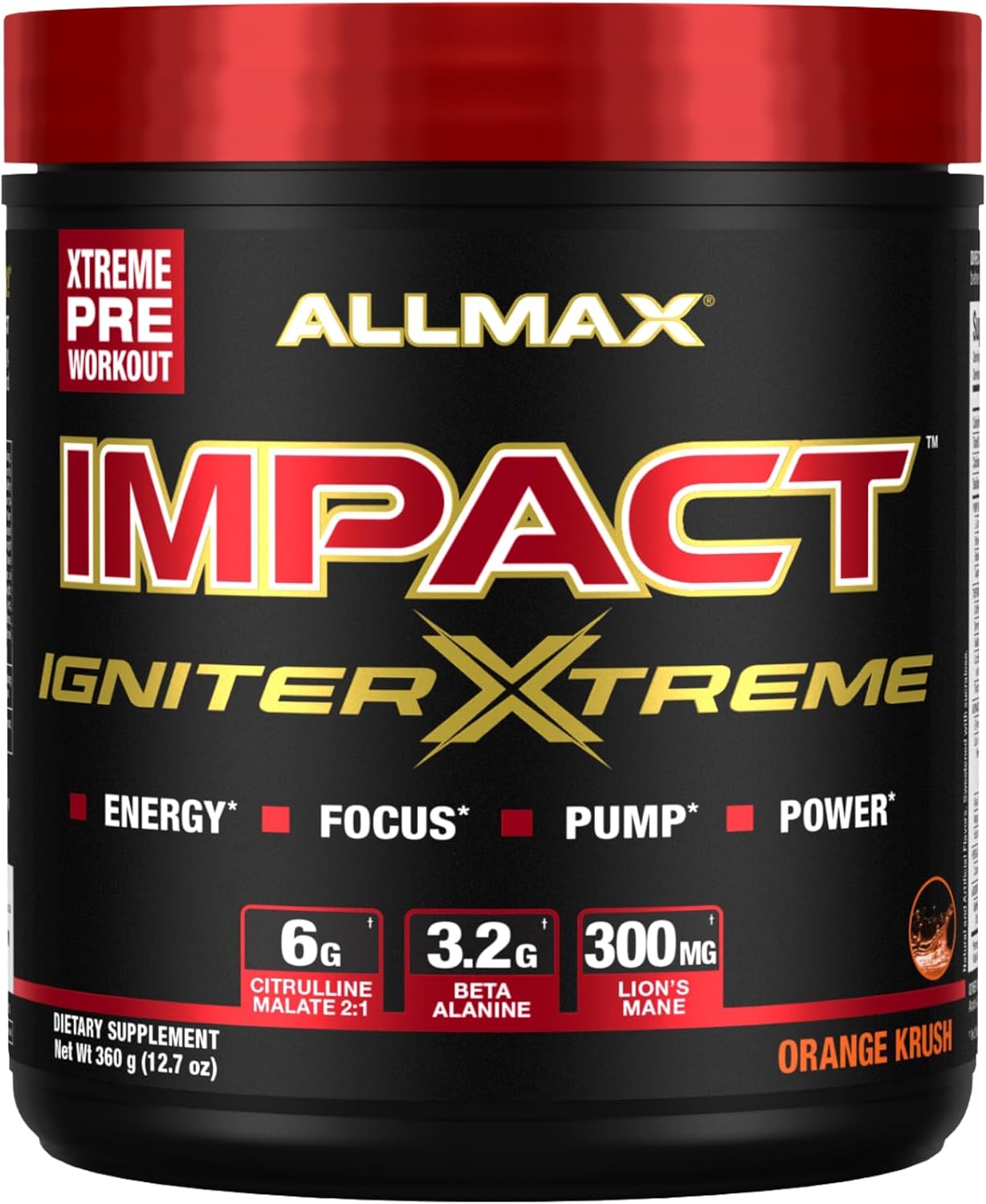 ALLMAX Impact IGNITER Xtreme Orange Crush 360g Pre-Workout Formula with Citrulline Malate & Beta Alanine for Energy, Focus, Pumps & Power - 40 Servings