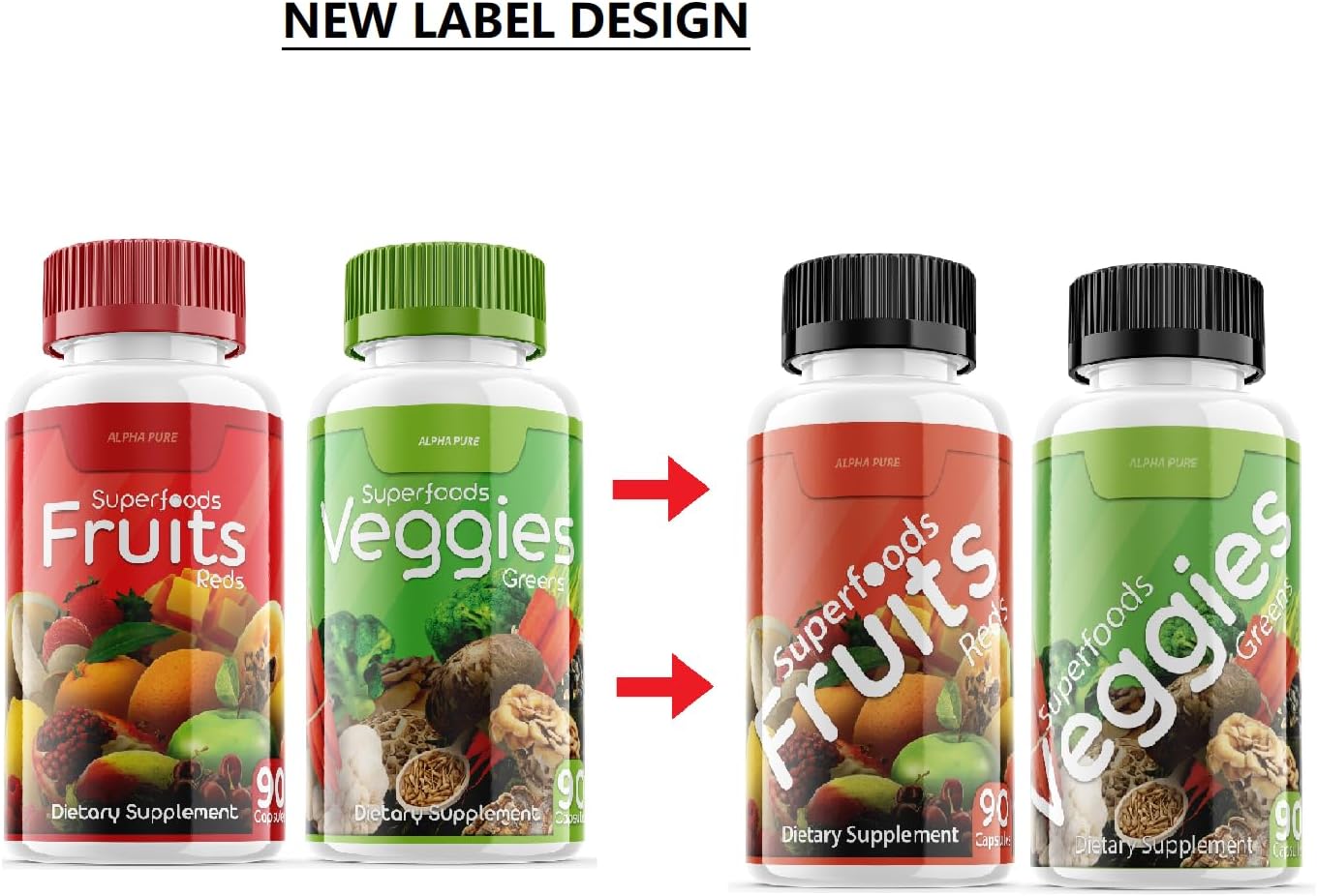 Alpha Pure Superfoods Reds Fruits and Greens Capsules - 180 Vegetables and Fruits Superfood Capsules for Men and Women - Natural Balance of 90 Fruit and 90 Veggie Capsules with Vitamins and Minerals