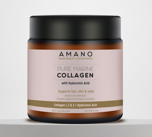 AMANO BEAUTY Pure Marine Collagen Supplement with Hyaluronic Acid and Vitamin C - GMO-Free Formula for Skin, Hair, Nails, and Joints - 30-Day Supply