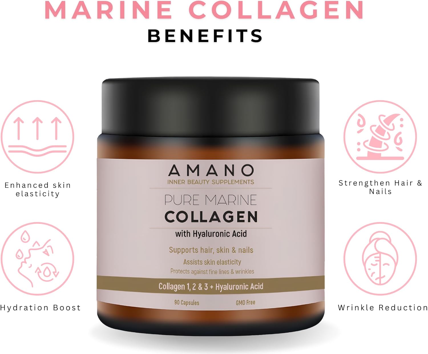 AMANO BEAUTY Pure Marine Collagen Supplement with Hyaluronic Acid and Vitamin C - GMO-Free Formula for Skin, Hair, Nails, and Joints - 30-Day Supply