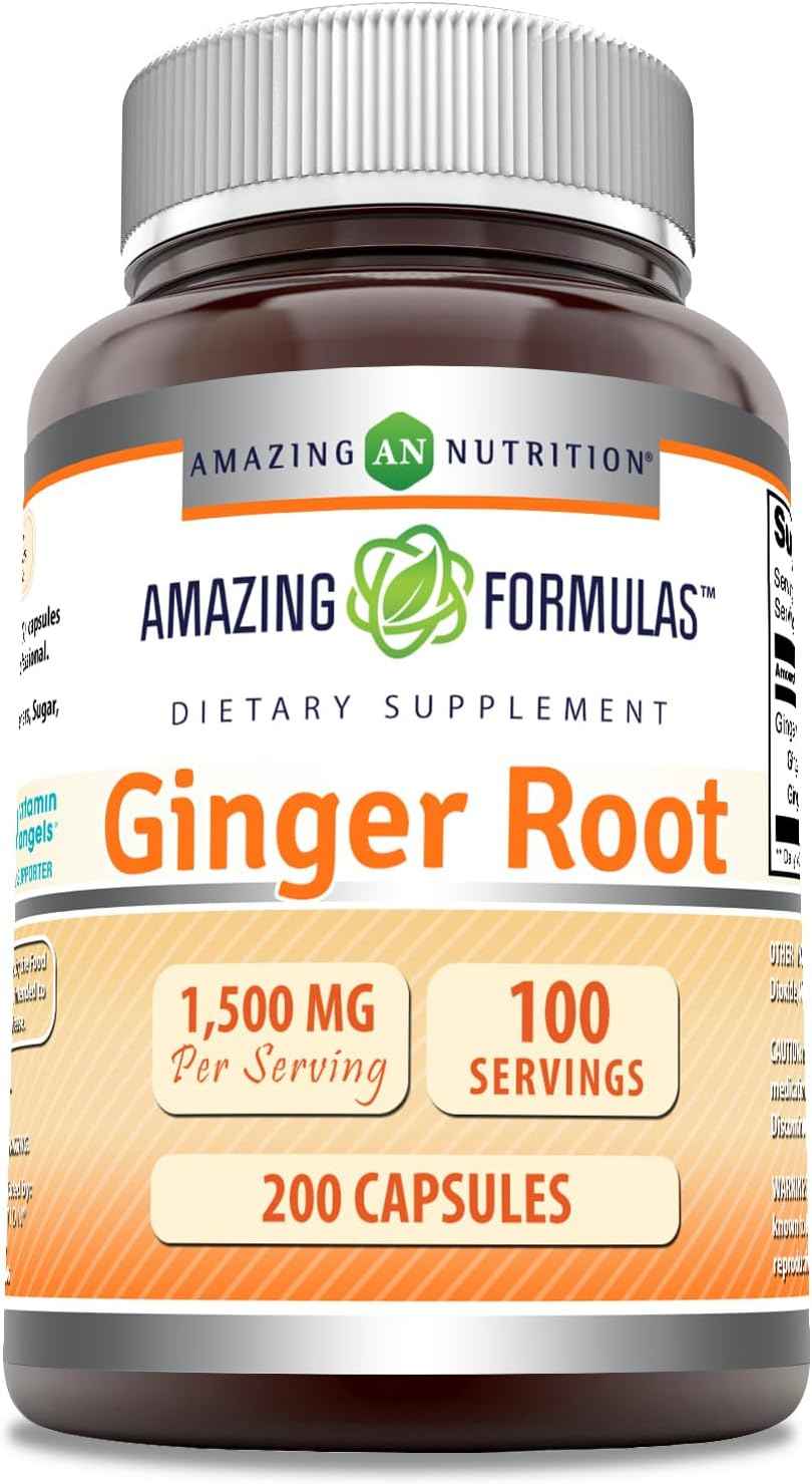 Amazing Formulas Ginger Root 4:1 Supplement | 1500 Mg Per Serving | 200 Capsules Supplement | Non-GMO | Gluten Free | Made in USA