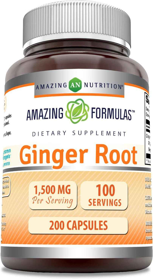 Amazing Formulas Ginger Root 4:1 Supplement | 1500 Mg Per Serving | 200 Capsules Supplement | Non-GMO | Gluten Free | Made in USA