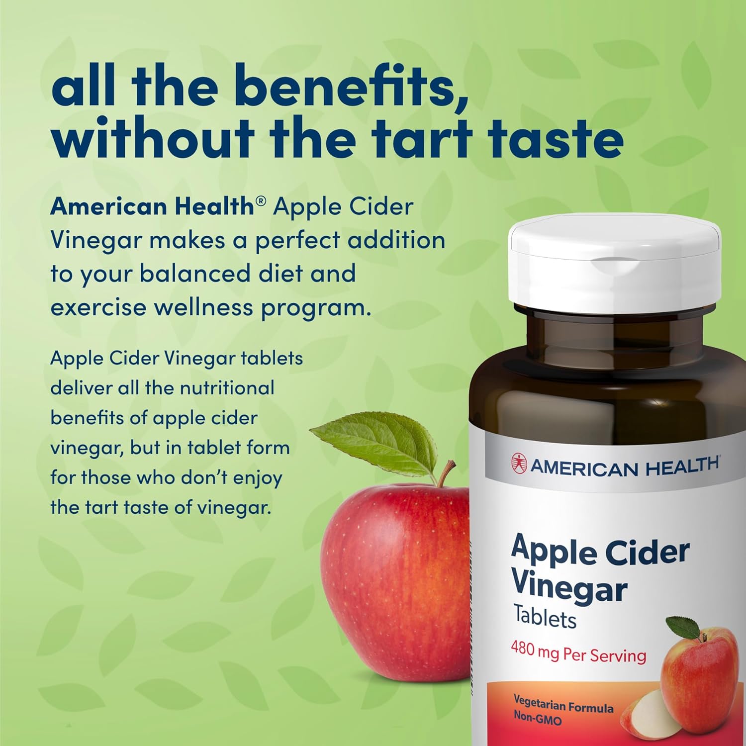 American Health Apple Cider Vinegar Tablets - 480mg Per Serving - Non-GMO, Vegetarian, Gluten Free - 100 Servings