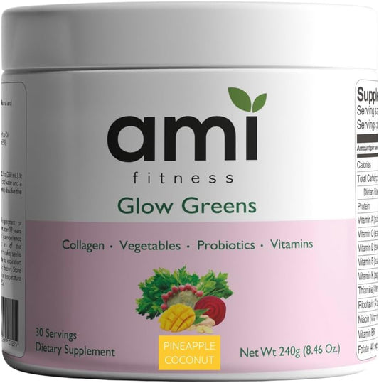 Ami Fitness Glow Greens Powder with Collagen, Probiotics, Vitamins, and Superfoods for Gut Health and Radiant Skin - Pineapple Coconut Flavor, 30 Servings