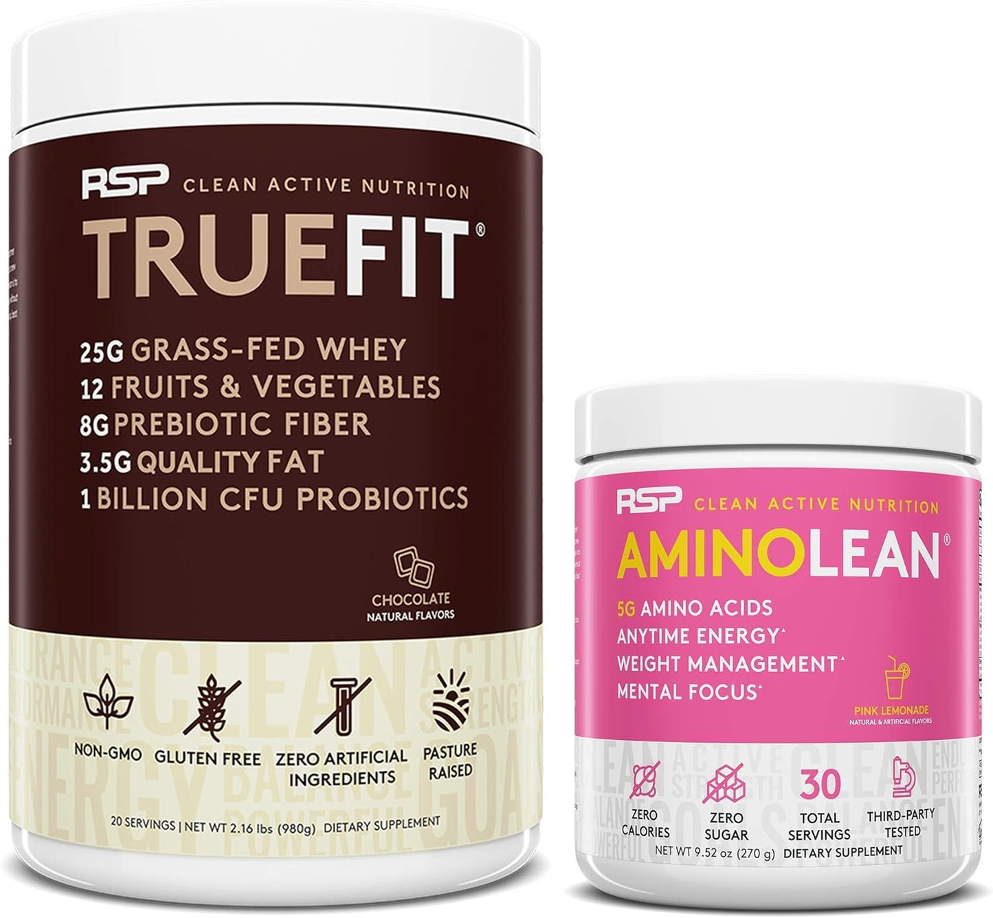 AminoLean Pre Workout Energy & TrueFit Protein Powder Bundle - Pink Lemonade & Chocolate Flavors - 30 Servings & 2 LB