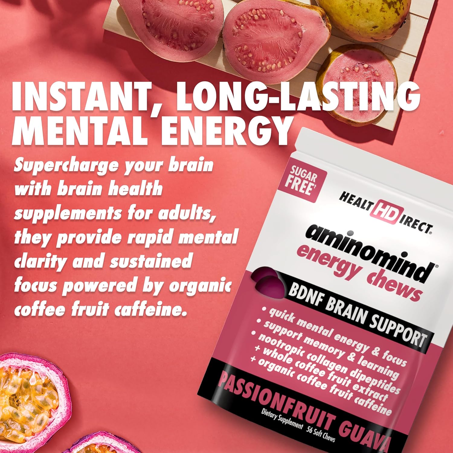 AminoMind Energy Chews - Passionfruit Guava Flavor - 56 Chews - Supports Cognitive Function