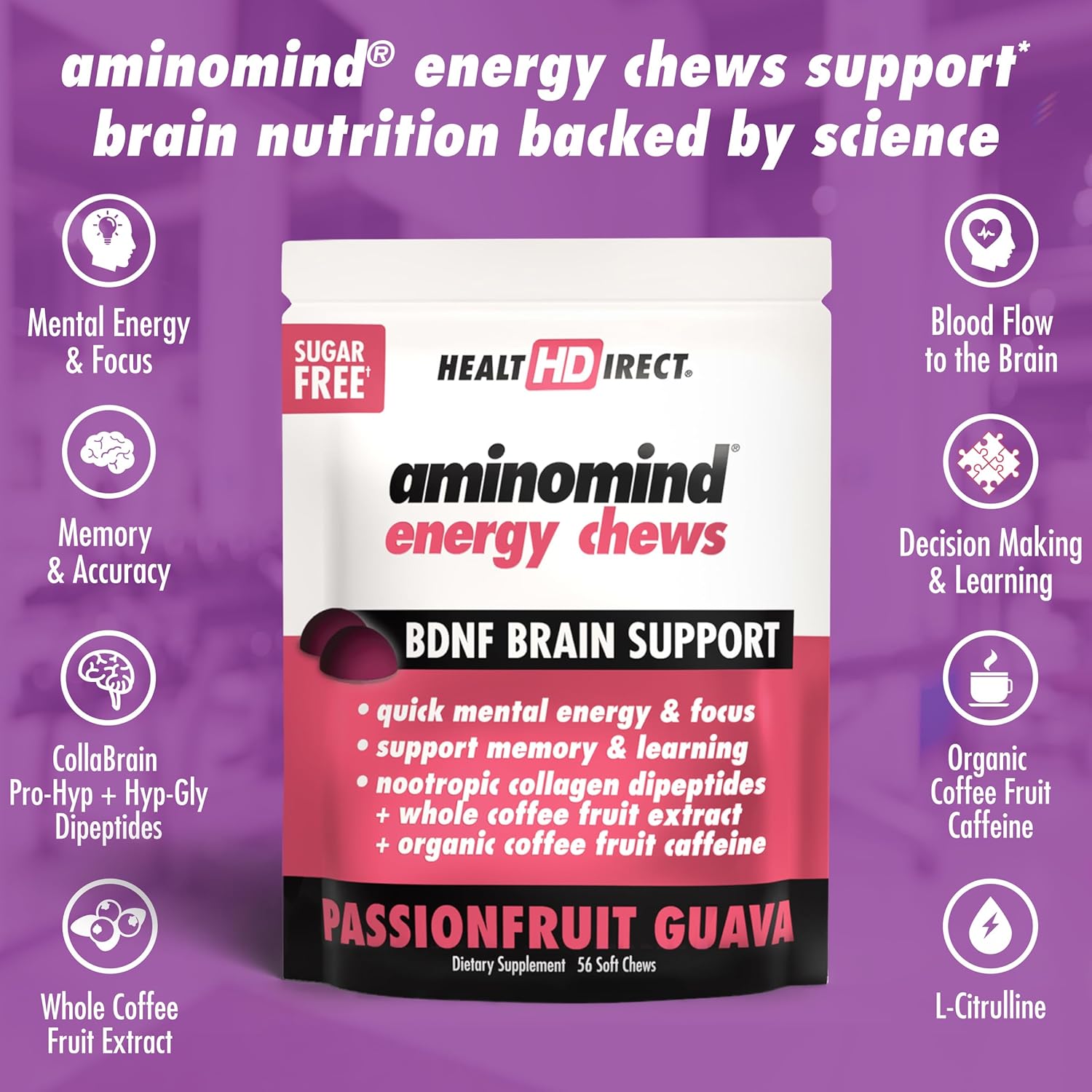 AminoMind Energy Chews - Passionfruit Guava Flavor - 56 Chews - Supports Cognitive Function