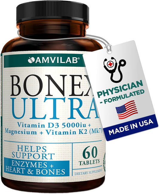 AMVILAB BONEX Ultra Supplement - Vitamin D3, K2, Magnesium - Cardiovascular, Immune & Bone Health - 60 Tablets