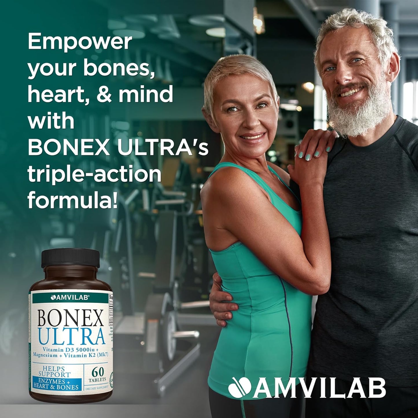 AMVILAB BONEX Ultra Supplement - Vitamin D3, K2, Magnesium - Cardiovascular, Immune & Bone Health - 60 Tablets