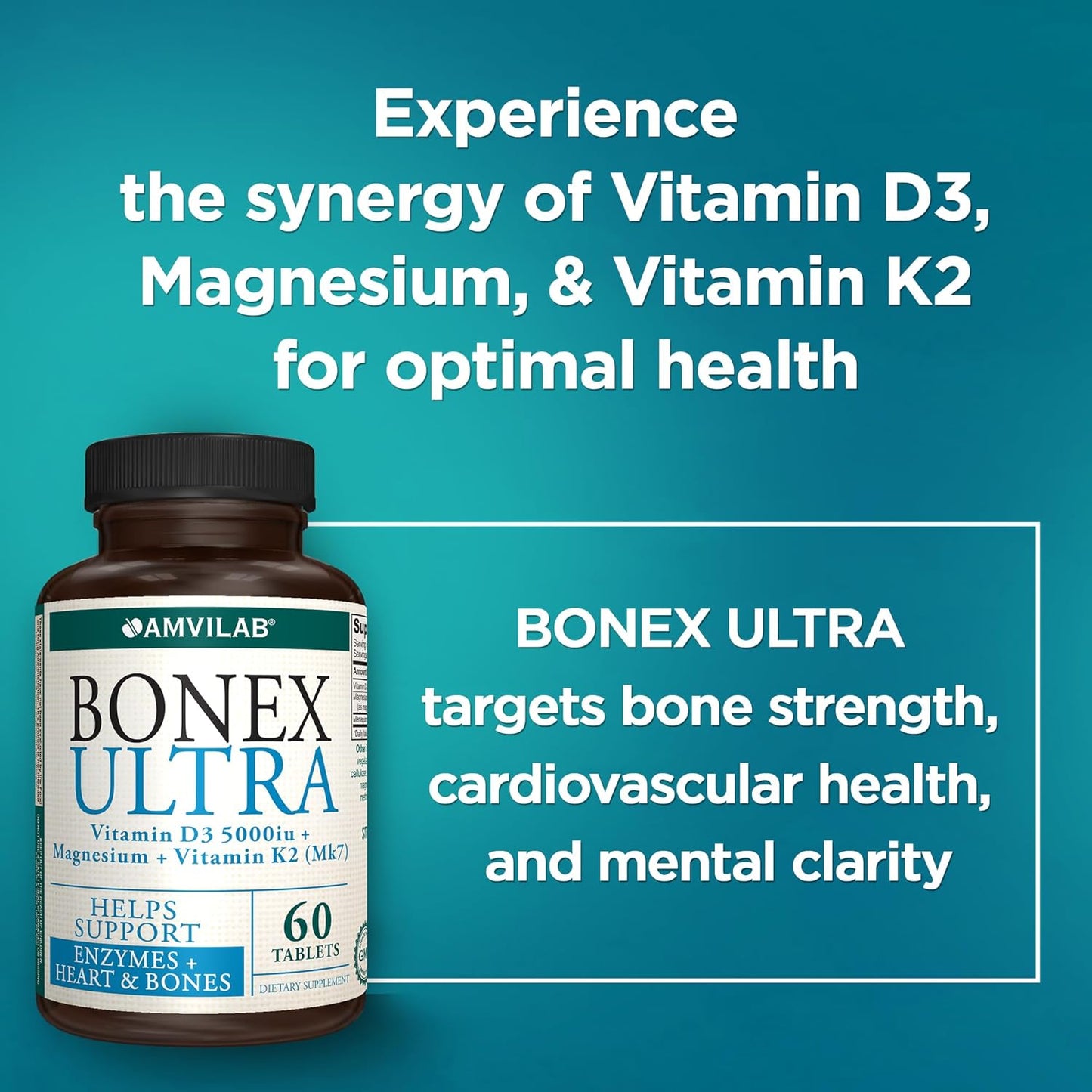 AMVILAB BONEX Ultra Supplement - Vitamin D3, K2, Magnesium - Cardiovascular, Immune & Bone Health - 60 Tablets