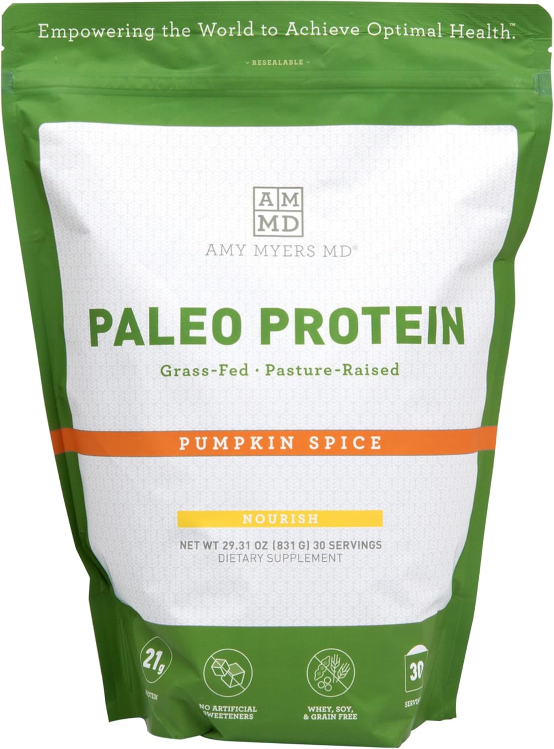 Amy Myers MD Pure Paleo Pumpkin Spice Protein Powder - Grass Fed, Pasture Raised, Hormone Free - Non-GMO, Gluten & Dairy Free - Ideal for Keto & Paleo - 29.31 Oz