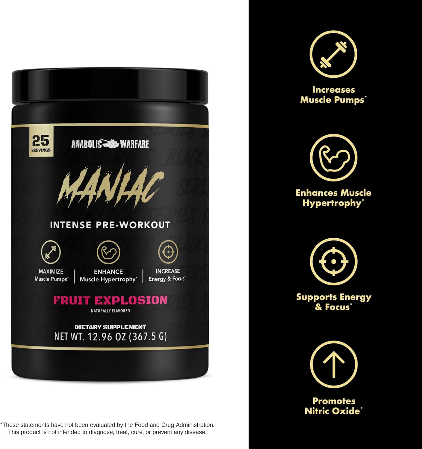Anabolic Warfare Black Series Maniac Pre-Workout Powder - Apple Ambush Flavor, Boosts Nitric Oxide for Muscle Pumps and Protein Synthesis
