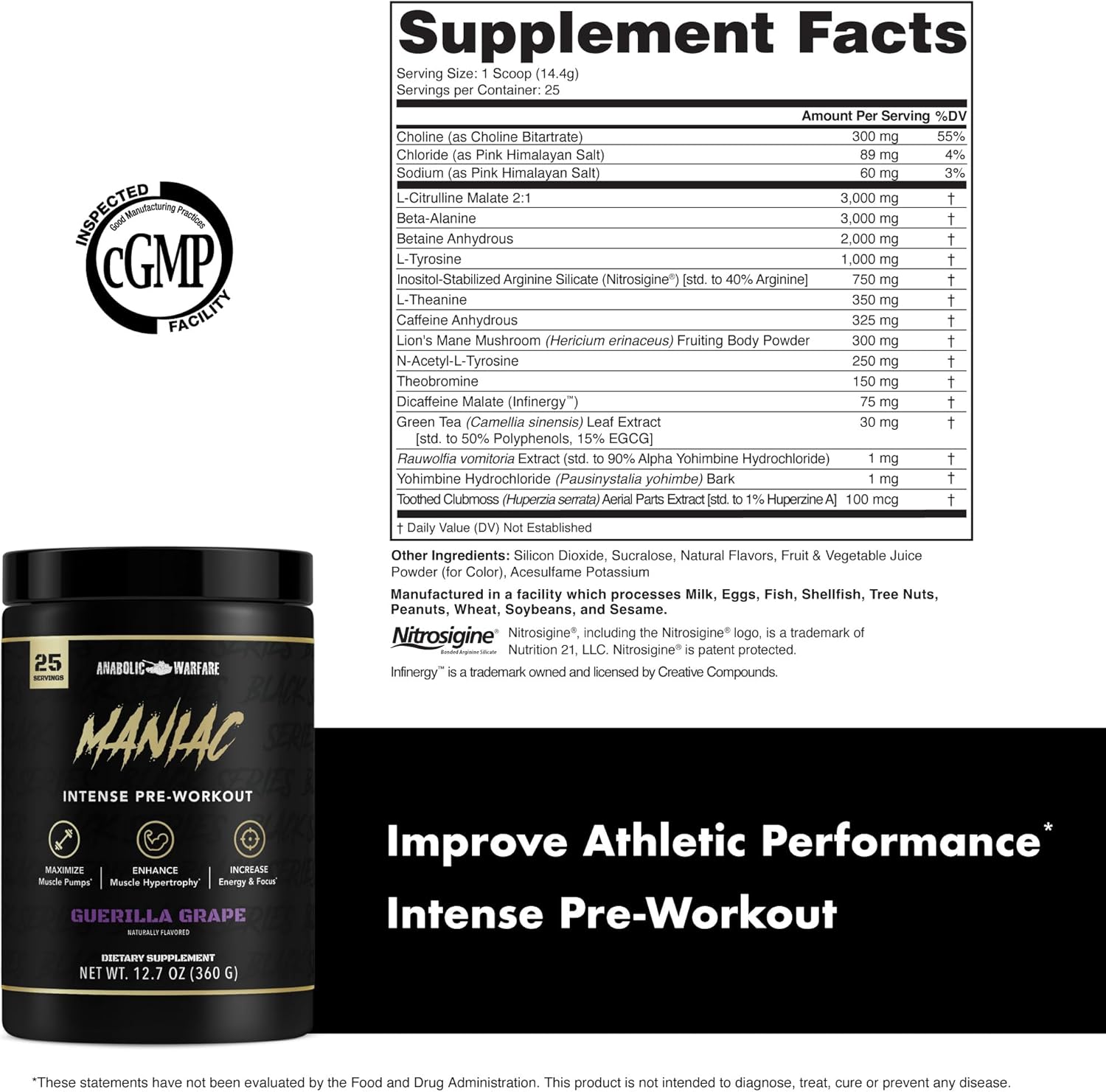 Anabolic Warfare Black Series Maniac Pre-Workout Powder - Apple Ambush Flavor, Boosts Nitric Oxide for Muscle Pumps and Protein Synthesis