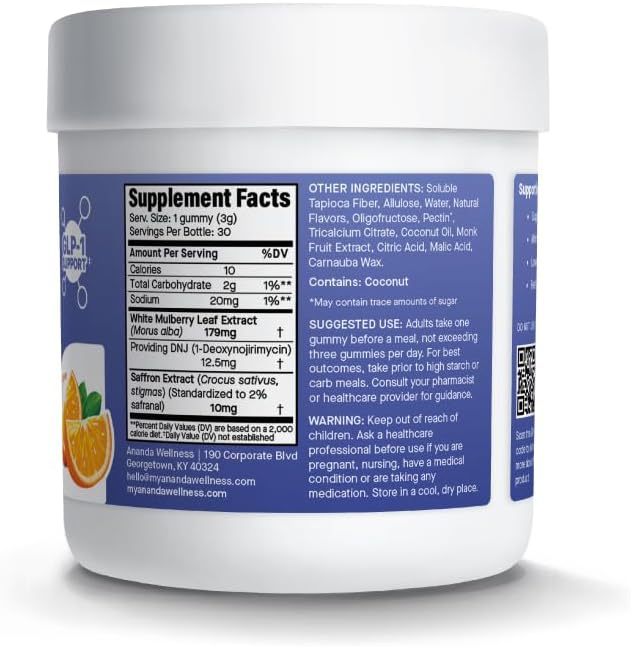Ananda Wellness Carb Blocking Gummy with White Mulberry and Saffron, Metabolism & Energy Support, Blood Glucose Levels, Sugar Free, Orange - 30 Count