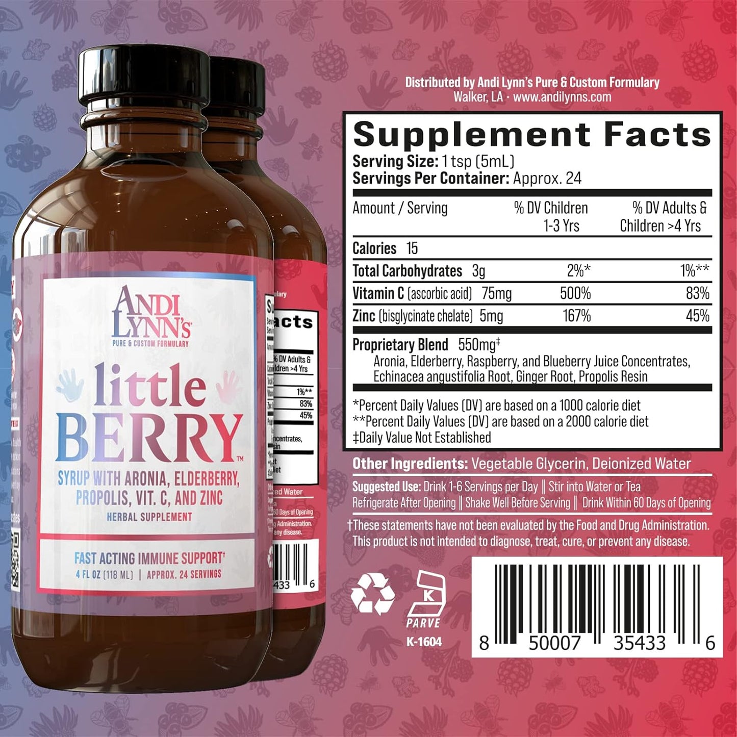 Andi Lynn's LittleBerry Elderberry Syrup for Kids with Vitamin C & Zinc - Immune Support Supplement 4 oz (3-Pack)