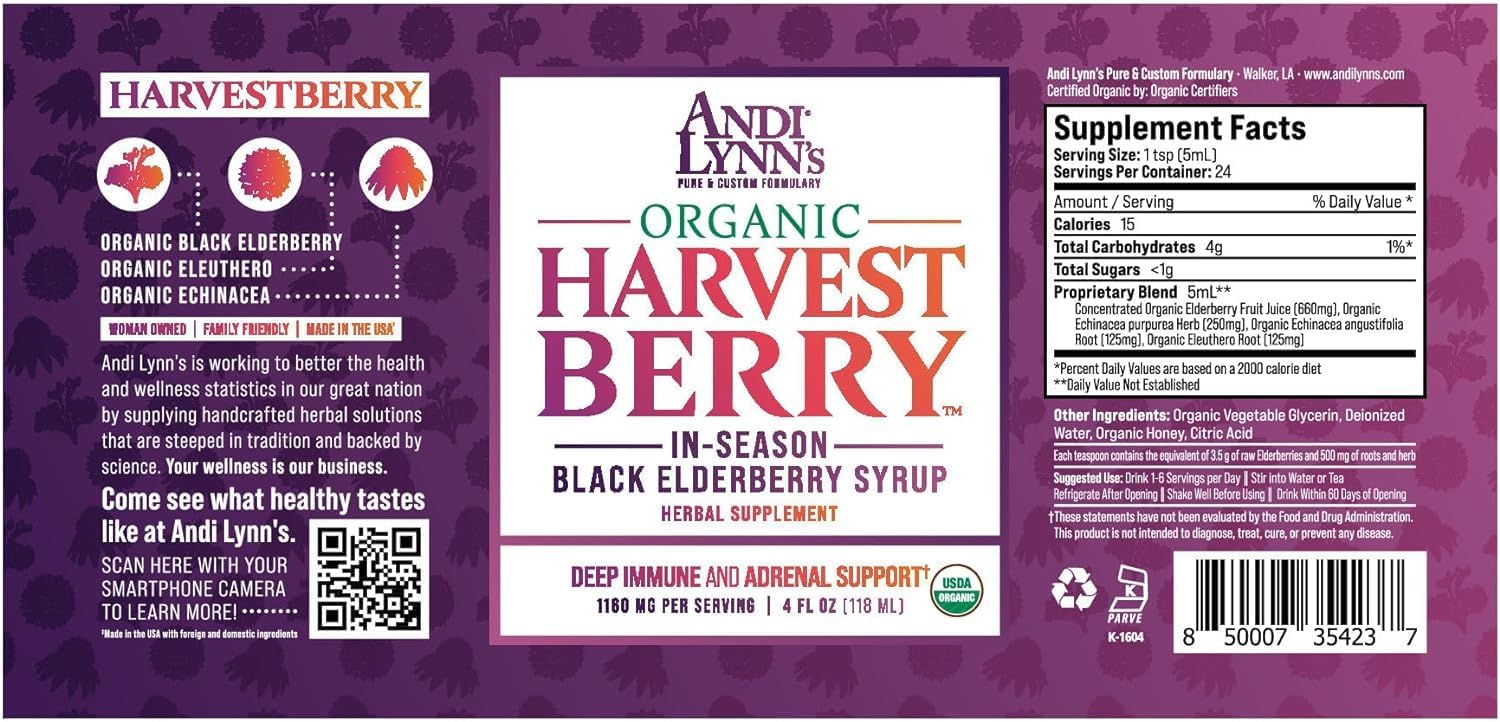 Andi Lynn's Organic Harvest Berry Elderberry Syrup - Immune Support - Custom Formulated with Real Honey - 12 Fl. Oz (3 Pack)
