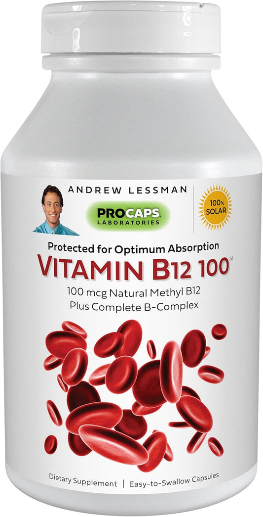 ANDREW LESSMAN B12 100 Capsules - Methylcobalamin for Energy & Stress Support, Easy to Swallow - 180 Count