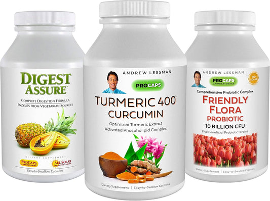 Andrew Lessman Digestive Bundle - Turmeric 400, Digest Assure, Ultimate Friendly Flora - 30 Capsules Each to Support Healthy Digestion