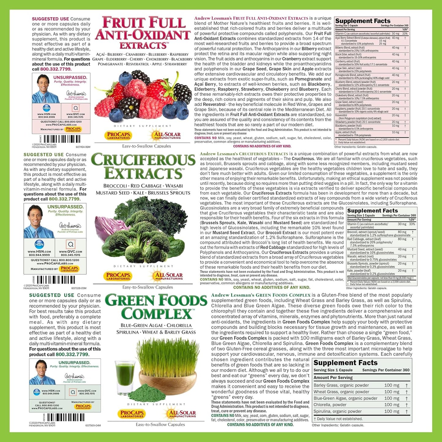 Andrew Lessman Healthy Foods Bundle - 180 Count Cruciferous Extracts, Fruit Full Anti-Oxidant Extracts, Green Foods Complex. Nutritional Benefits of 20+ Healthiest Foods.