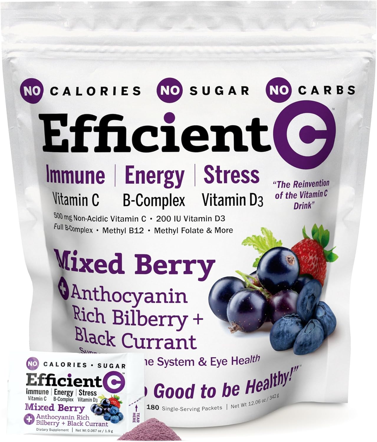 ANDREW LESSMAN Mixed Berry Vitamin C Drink Packets - Immune, Energy, Stress & Eye Health Support - 180 Packets, Calorie-Free & Sugar-Free