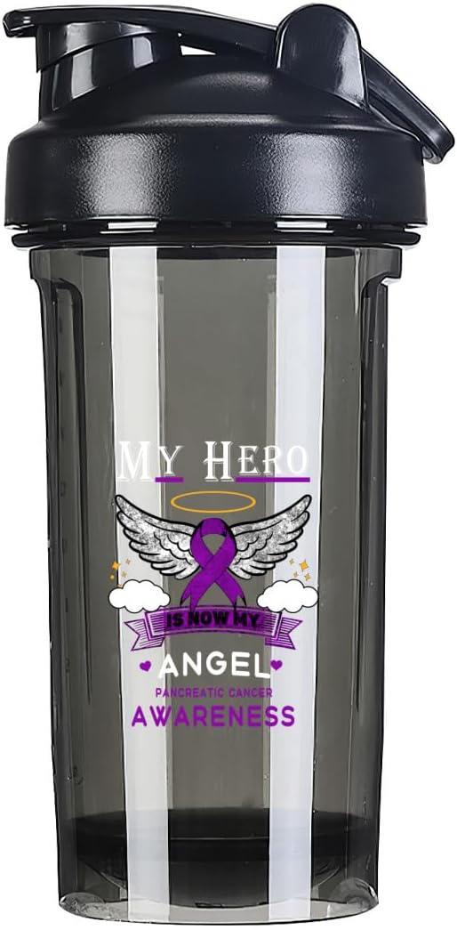 Angel Pancreatic Cancer 18oz Shaker Bottle - Leak-proof Mixer for Pre Workout Protein Shakes & Meal Replacements - 500ml Black Bottle