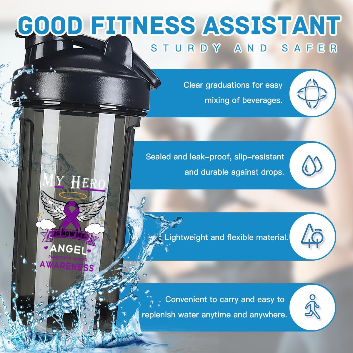 Angel Pancreatic Cancer 18oz Shaker Bottle - Leak-proof Mixer for Pre Workout Protein Shakes & Meal Replacements - 500ml Black Bottle