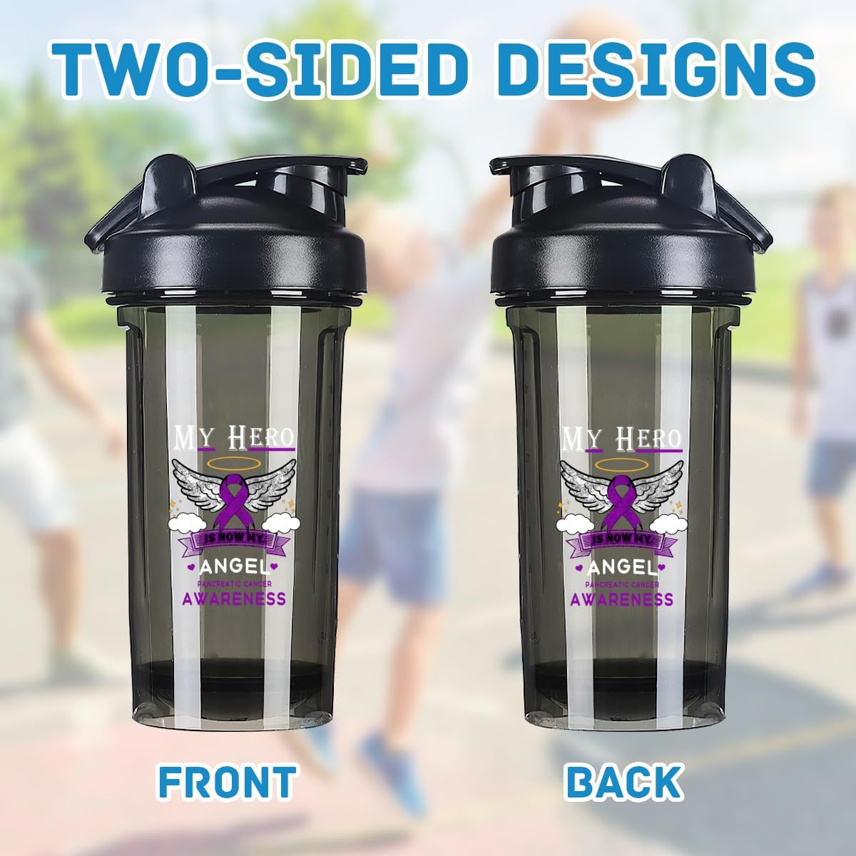 Angel Pancreatic Cancer 18oz Shaker Bottle - Leak-proof Mixer for Pre Workout Protein Shakes & Meal Replacements - 500ml Black Bottle