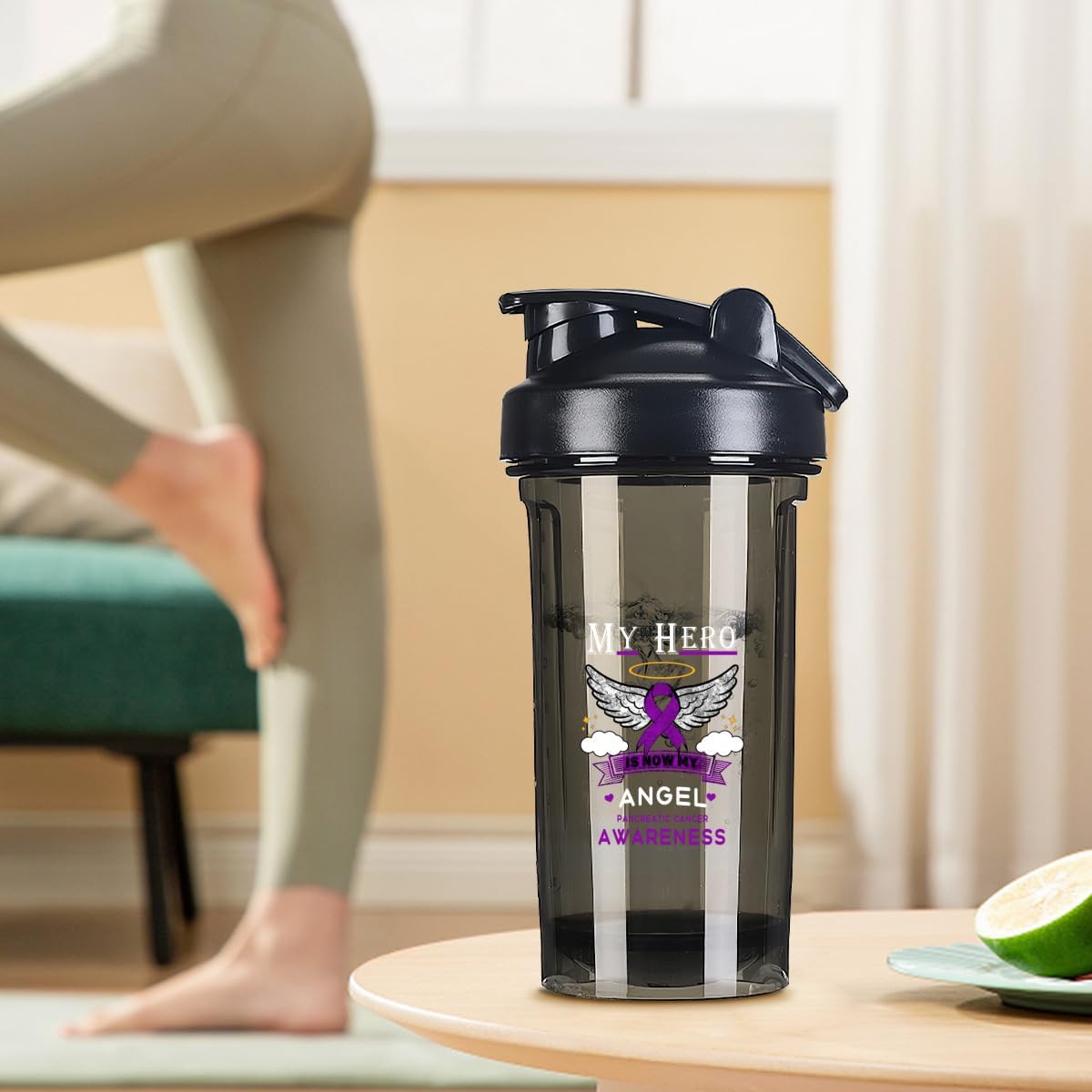 Angel Pancreatic Cancer 18oz Shaker Bottle - Leak-proof Mixer for Pre Workout Protein Shakes & Meal Replacements - 500ml Black Bottle
