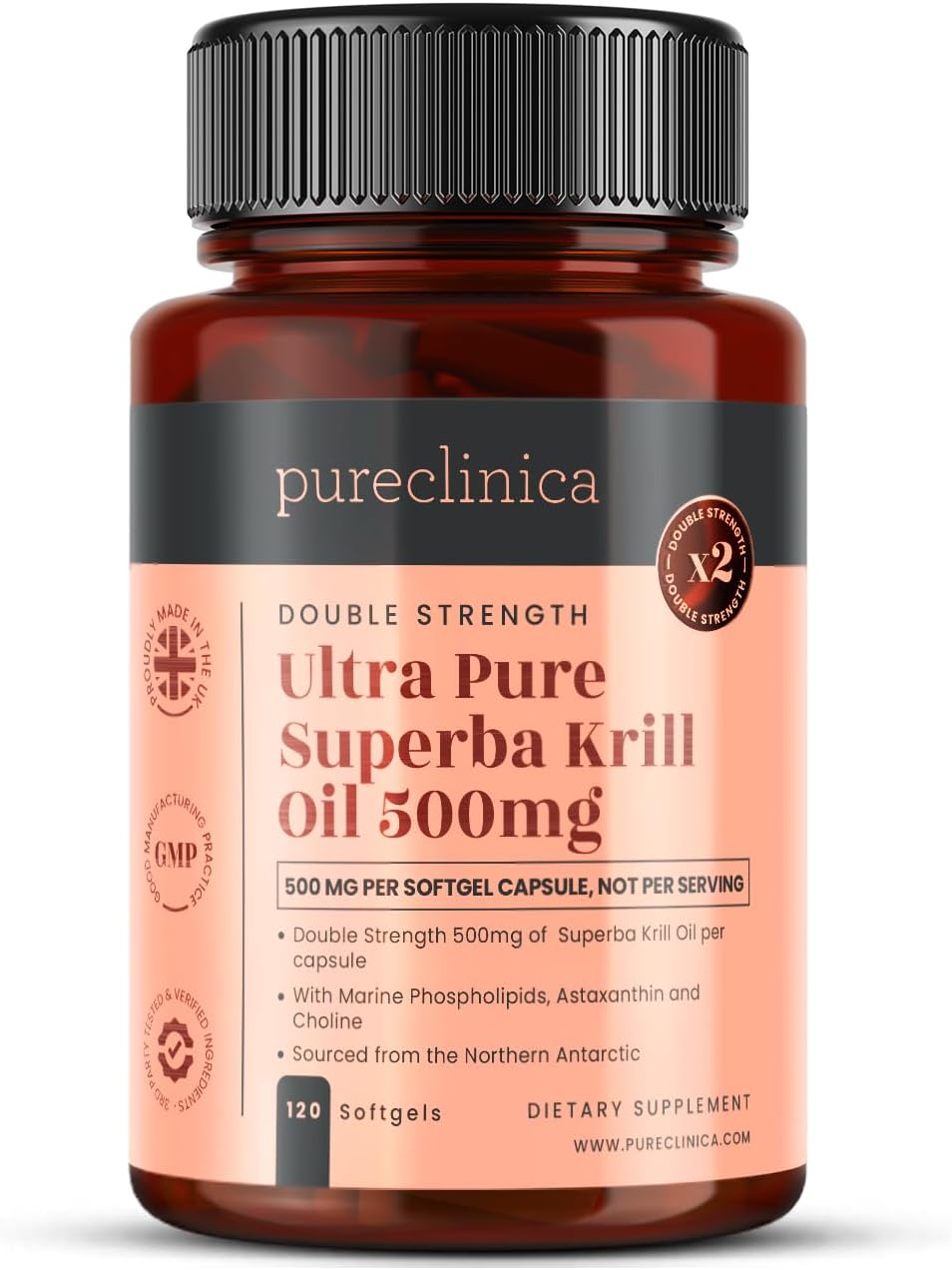 Antarctic Sourced Ultra Pure Superba Krill Oil Capsules - Rich in Astaxanthin, Omega 3, and Vitamin D - 500mg x 120