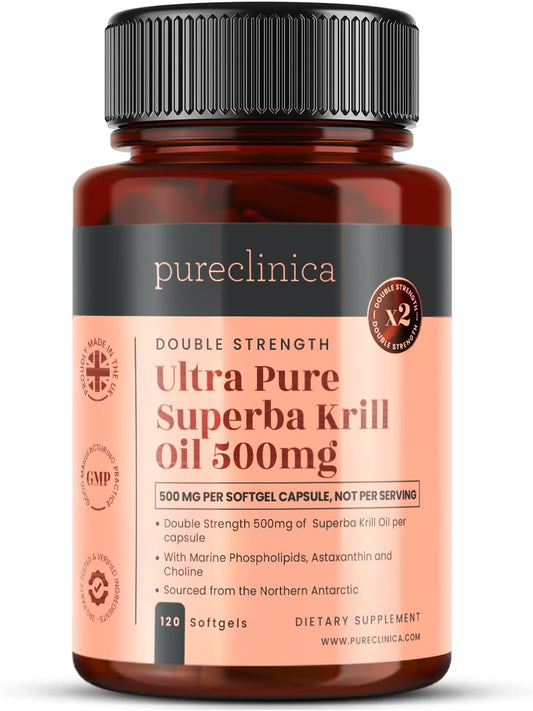 Antarctic Sourced Ultra Pure Superba Krill Oil Capsules - Rich in Astaxanthin, Omega 3, and Vitamin D - 500mg x 120