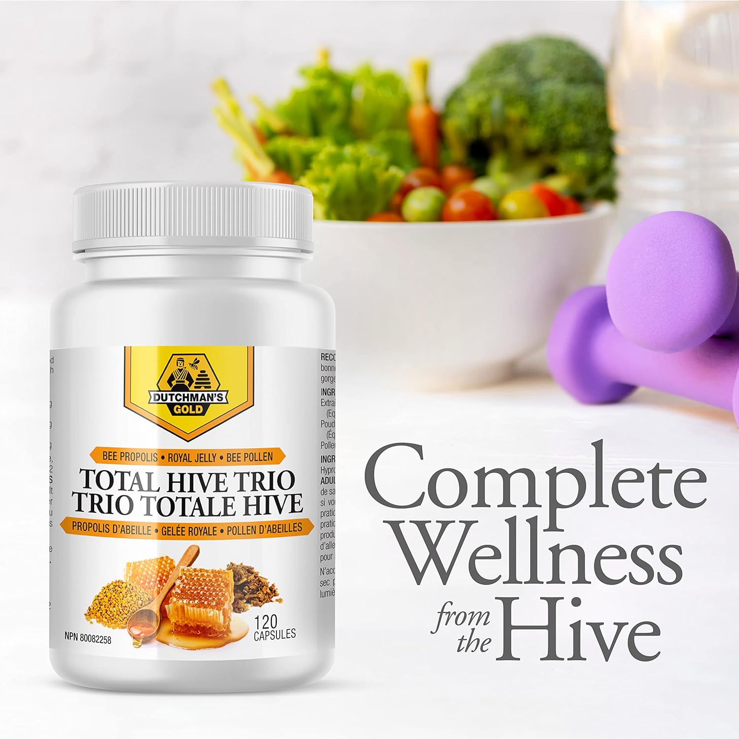Antioxidant Immune Support Capsules with Bee Pollen, Royal Jelly, Propolis - Total Hive Trio Supplement with Natural Honey Mix - 120 Veg Caps, 30-60 Servings