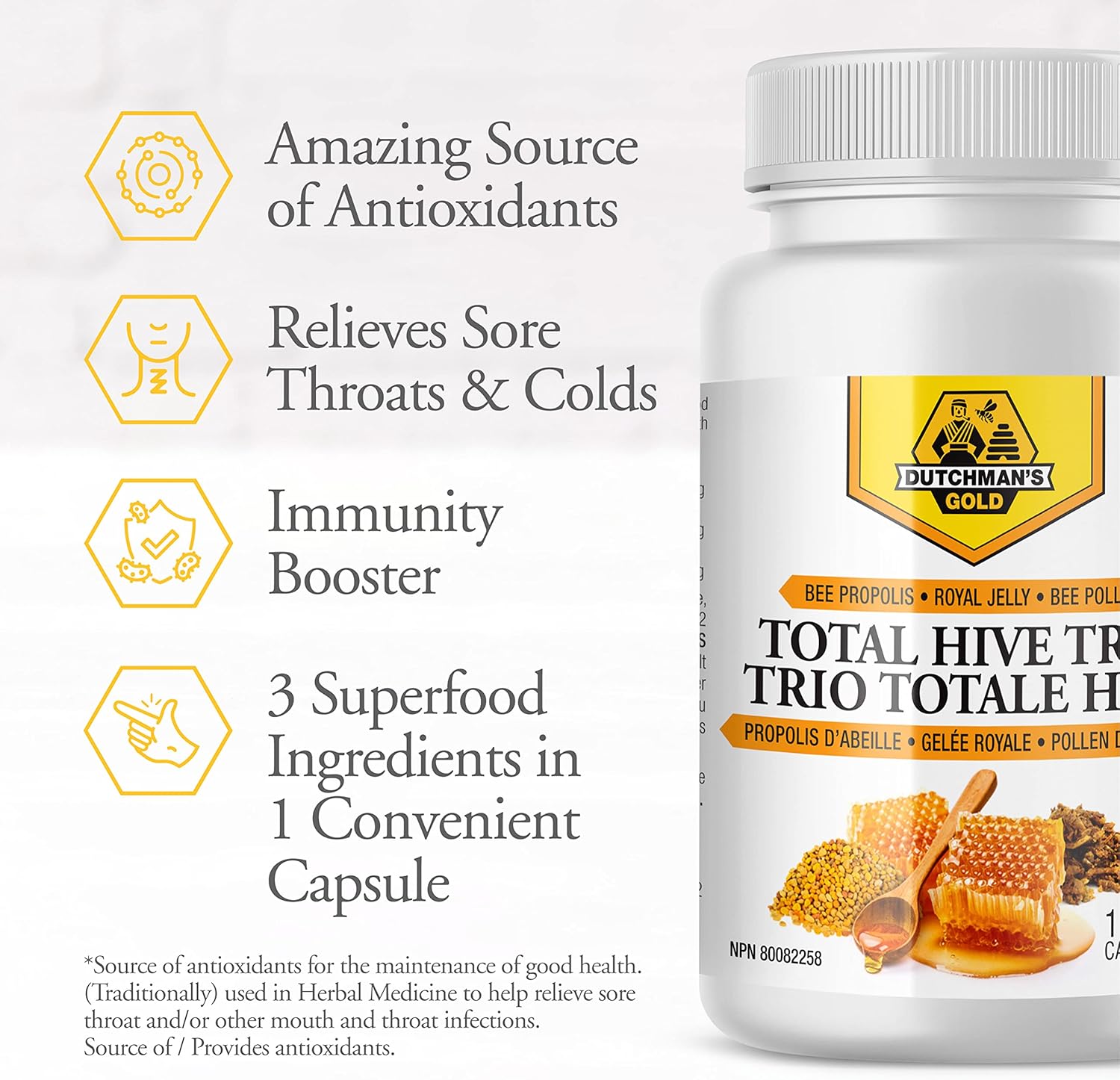 Antioxidant Immune Support Capsules with Bee Pollen, Royal Jelly, Propolis - Total Hive Trio Supplement with Natural Honey Mix - 120 Veg Caps, 30-60 Servings