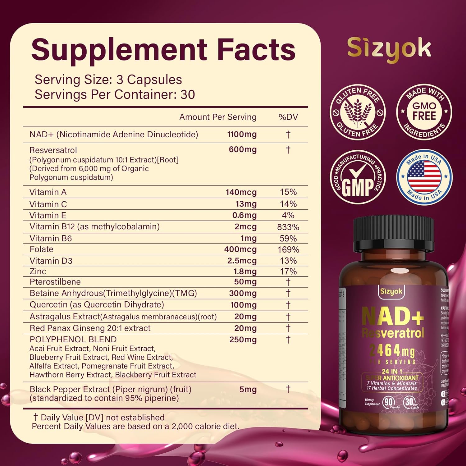 Antioxidant Rich Liposomal NAD+ Resveratrol Supplement for Energy, Focus, and Anti-Aging - 84 Capsules