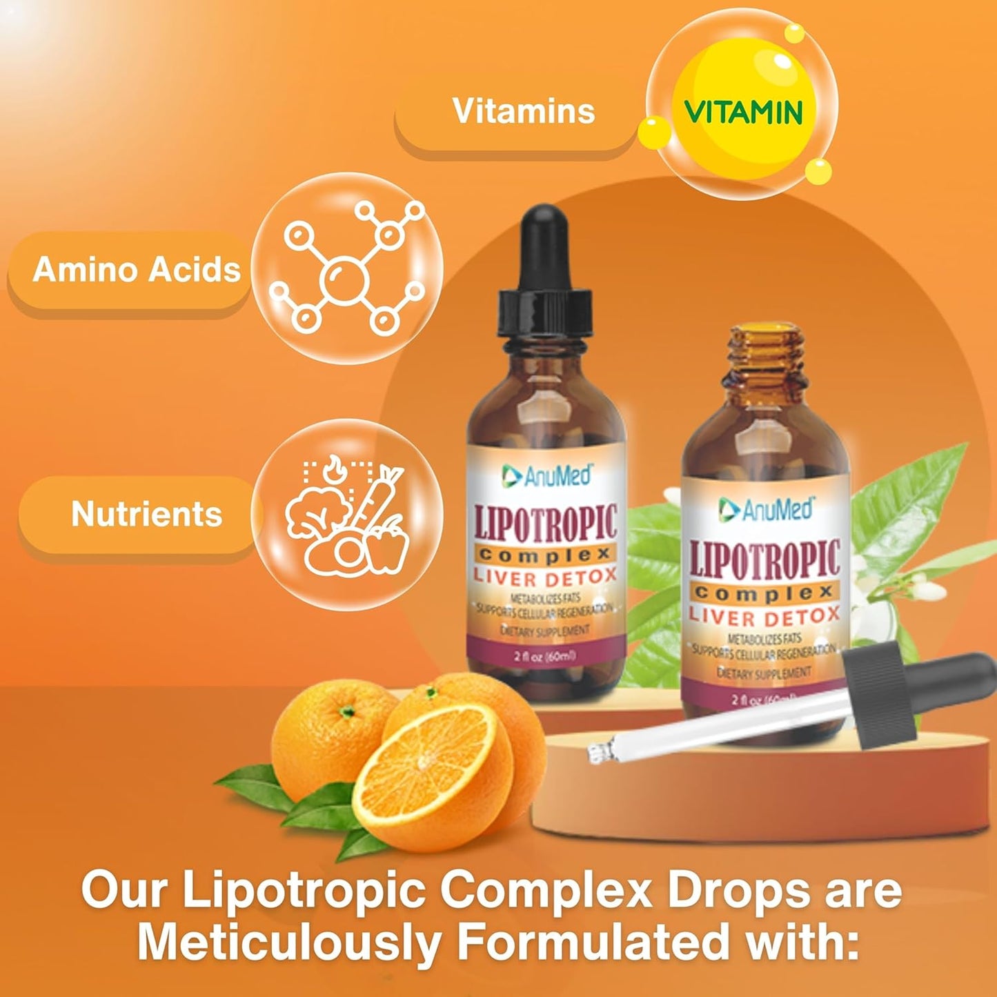 Anumed Lipotropic Complex Bundle: Folic Acid, Vitamin B12, B6 - Non GMO, Gluten Free - 2oz Drops with Key Chain