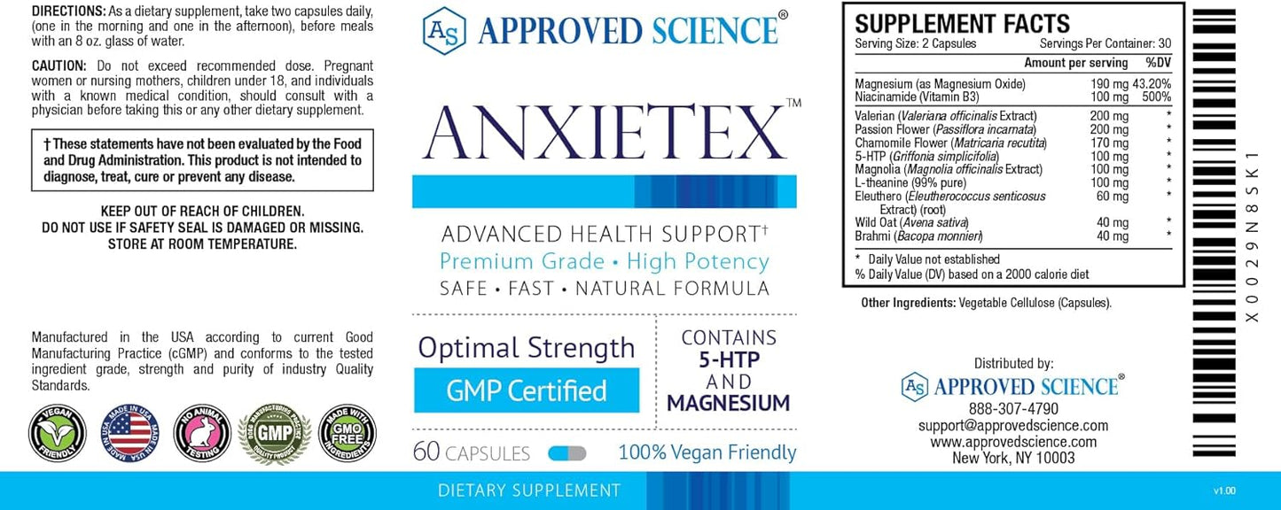 Anxietex by Approved Science - Natural Calm and Relaxation Supplement - Vegan L-Theanine and Magnesium Capsules - 3 Month Supply