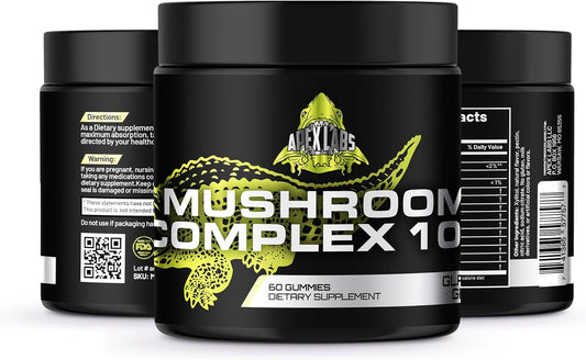 Apex Labs Mushroom Gummies 10-in-1 Blend | Lions Mane, Turkey Tail, Reishi, Chaga, Cordyceps, Maitake | Cognitive, Immune, Energy Support 60ct