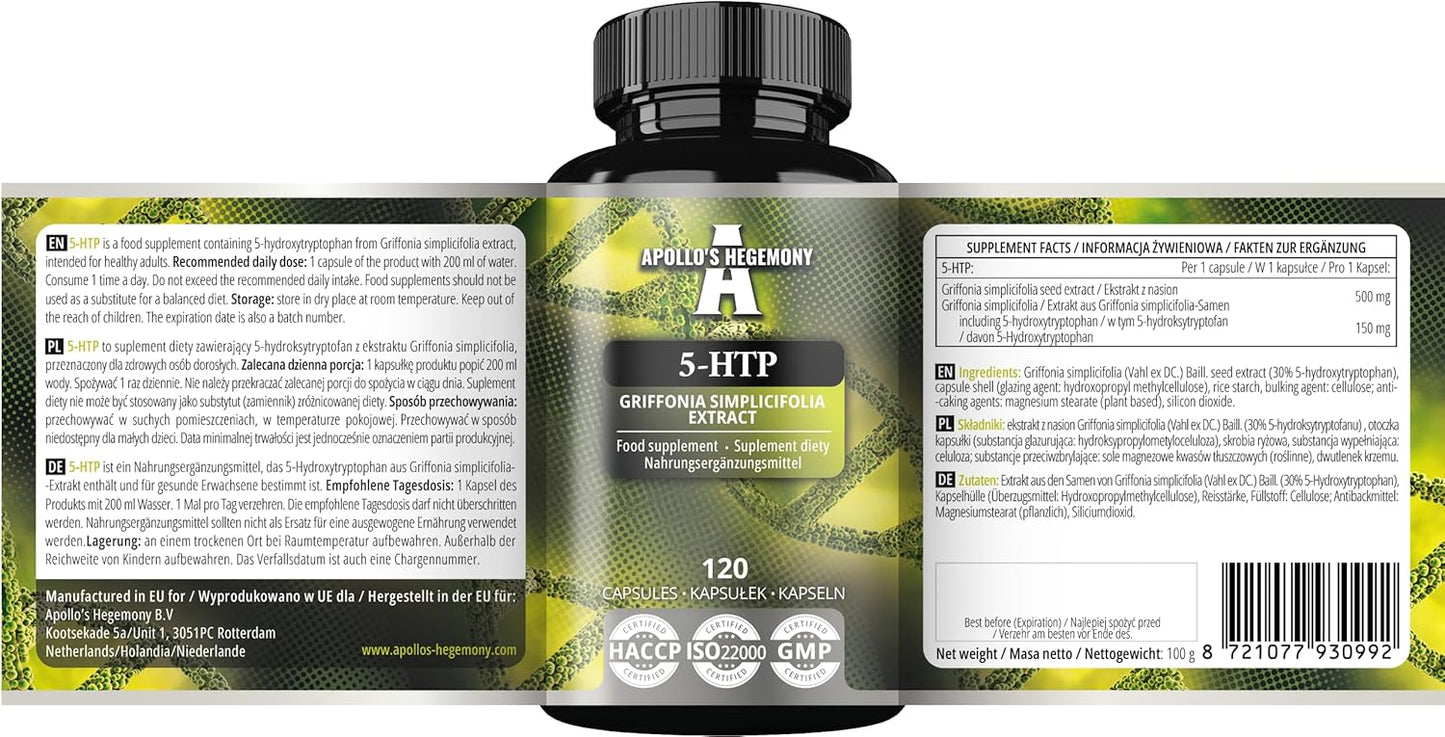 Apollo's Hegemony 5-HTP Capsules - 150mg - 120 Vegan Capsules - Griffonia simplicifolia Seed Extract - Mood and Well-Being Support - 4 Month Supply