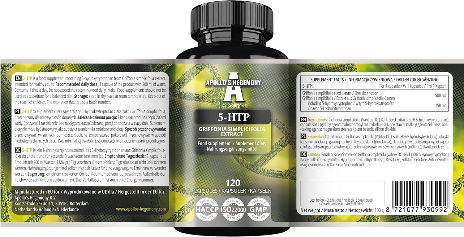 Apollo's Hegemony 5-HTP Capsules - 150mg - 120 Vegan Capsules - Griffonia simplicifolia Seed Extract - Mood and Well-Being Support - 4 Month Supply