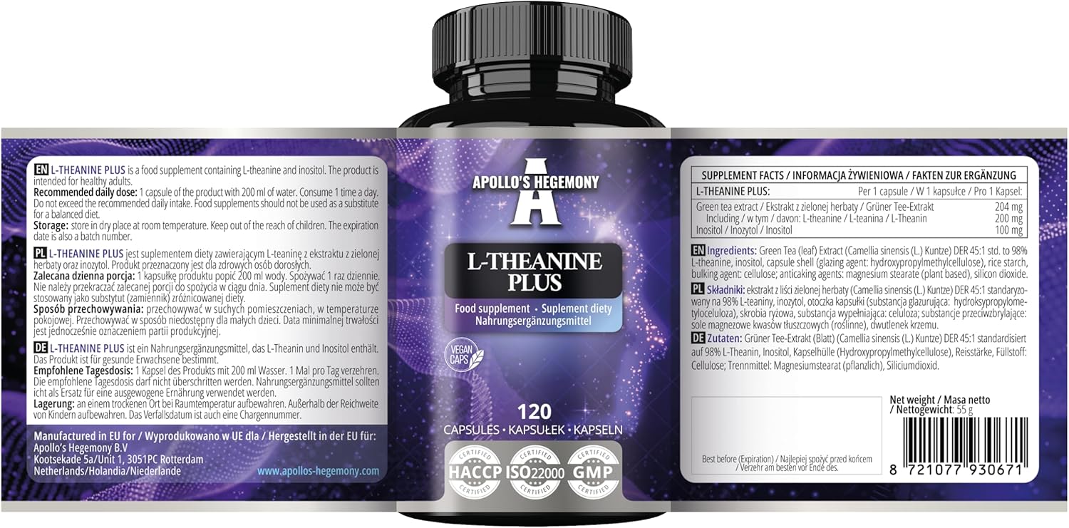 Apollo's Hegemony L-Theanine & Myo-Inositol Capsules - 300mg - 120 Vegan Capsules - 4 Month Supply - Mental Clarity & Stress Support