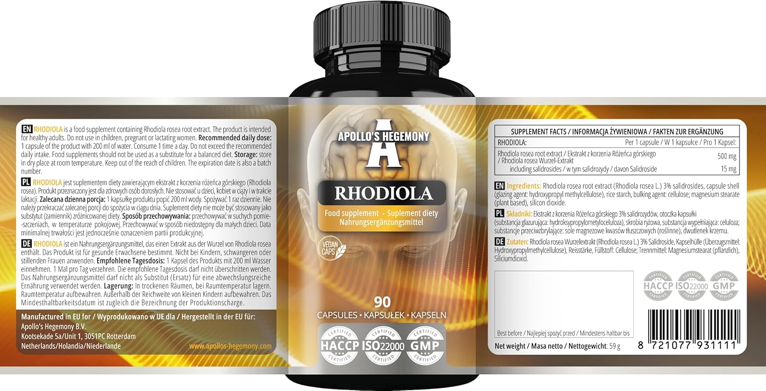 Apollo's Hegemony Rhodiola Rosea 125mg Extract, 90 Vegan Tablets, Reduce Fatigue & Improve Well-Being, Herbal Supplement