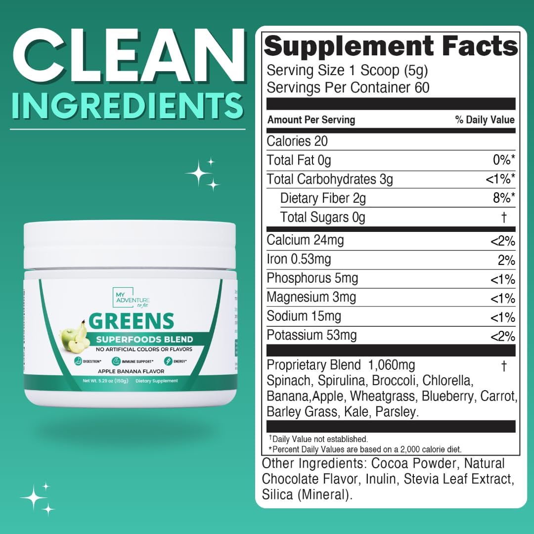 Apple Banana Flavored Green Superfood Powder for Digestion & Immune Support - Keto Friendly Greens Blend Supplement for Gut Health