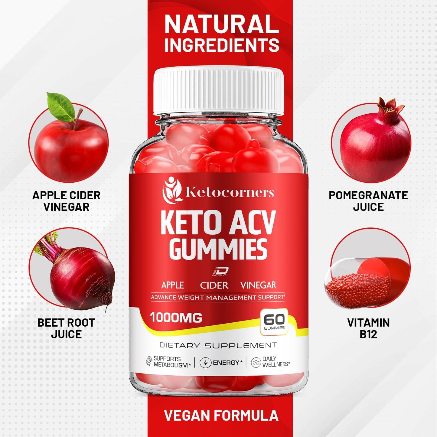 Apple Cider Vinegar Gummies Supplement with Vitamin B12 - 1000MG ACV Gummies for Keto Diet (5 Pack - 300 Gummies)