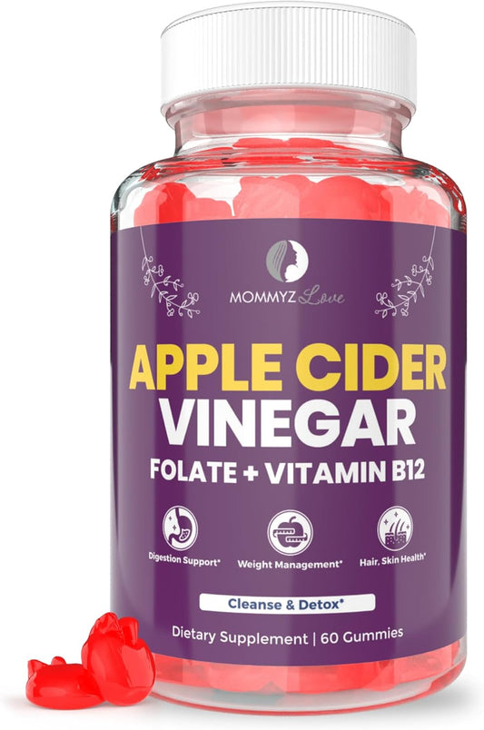 Apple Cider Vinegar Gummies with Folate and Vitamin B12 for New Moms - Supports Weight Management, Digestion, Hair, and Skin Health