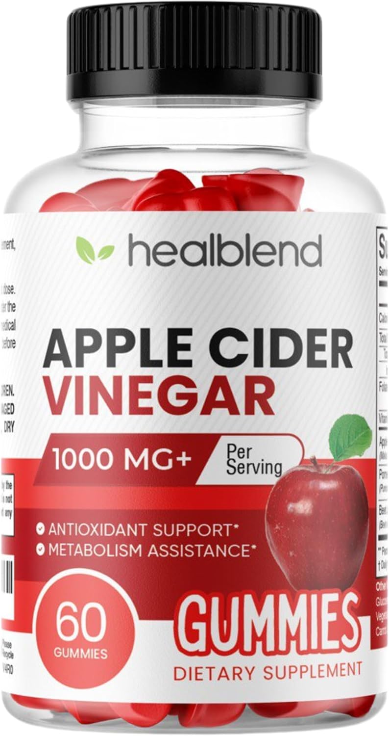 Apple Cider Vinegar Gummy Vitamins 1000MG Per Serving with Vitamin B12, Pomegranate & Beet Juice - 60 Count, Gelatin-Free, Gluten-Free, Vegan & Non-GMO